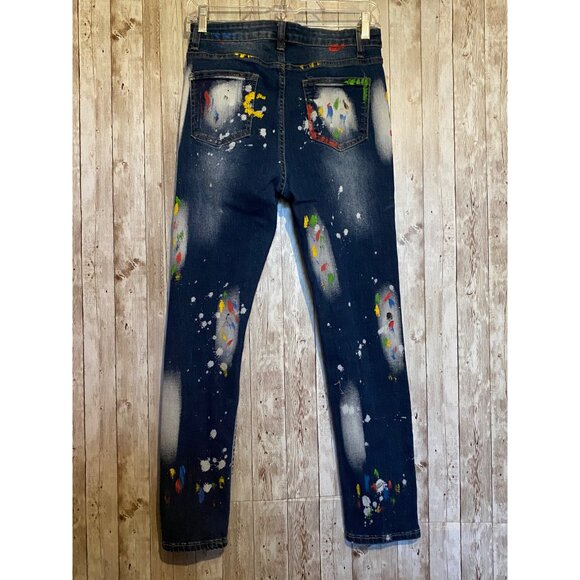 Women's Paint Splattered High Rise Denim Blue Jeans High-Rise Size 28" X 28" - Picture 6 of 12